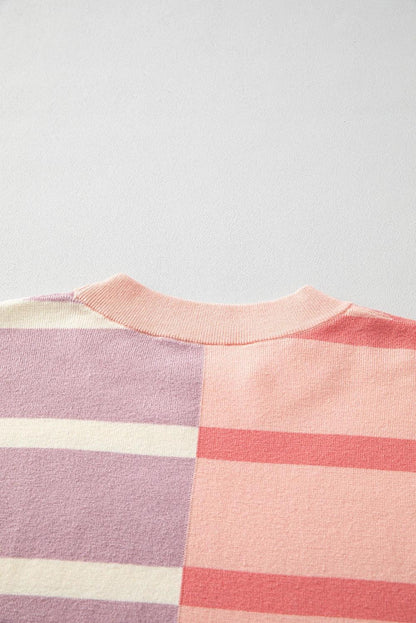 Striped Patchwork Drop Shoulder Pink Sweater