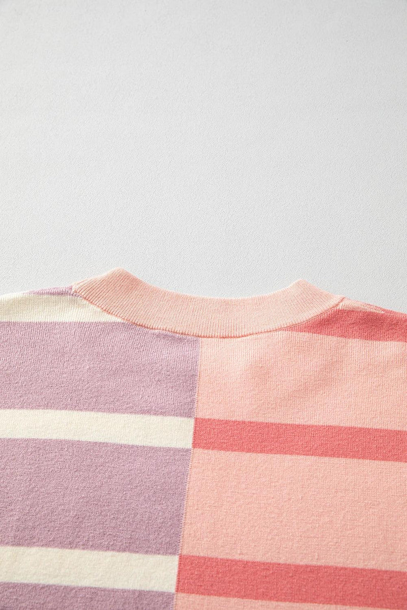 Striped Patchwork Drop Shoulder Pink Sweater
