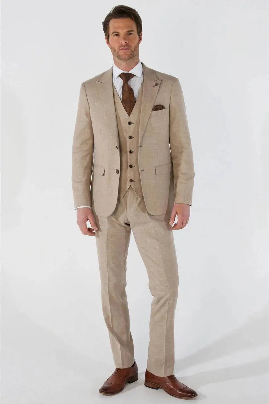 3 Piece Summer Wedding Fit Beige Suit - IVORYNN