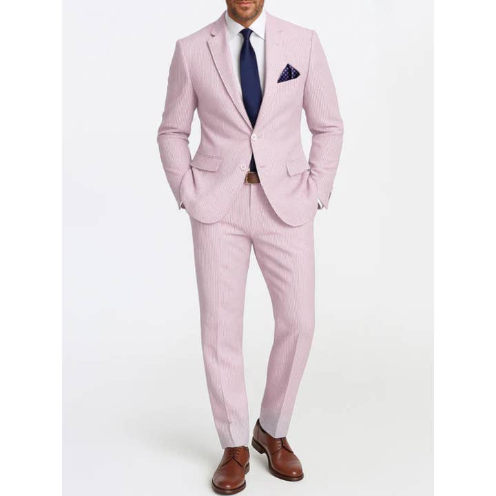 Ferrecci Men's Tan Slim Fit Two-Button Seersucker Suit Set for Formal Occasions