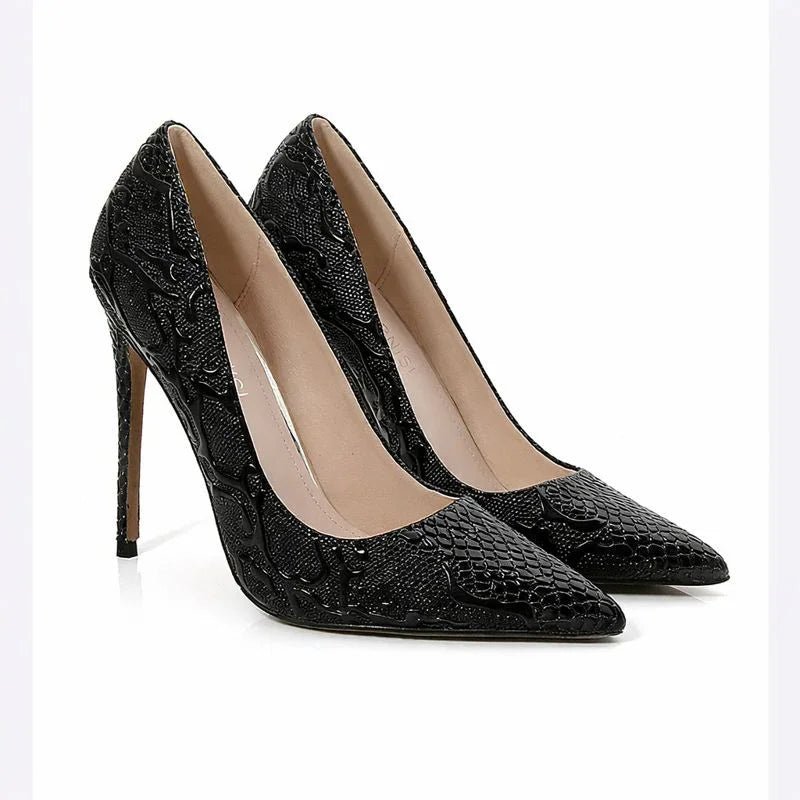 Embossed Snake Ultra High Heels Black Pumps
