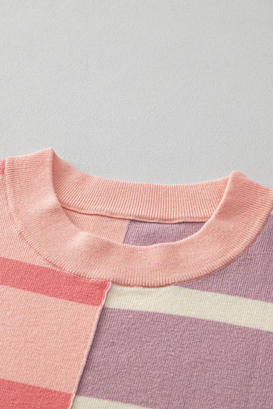 Striped Patchwork Drop Shoulder Pink Sweater