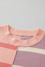 Striped Patchwork Drop Shoulder Pink Sweater