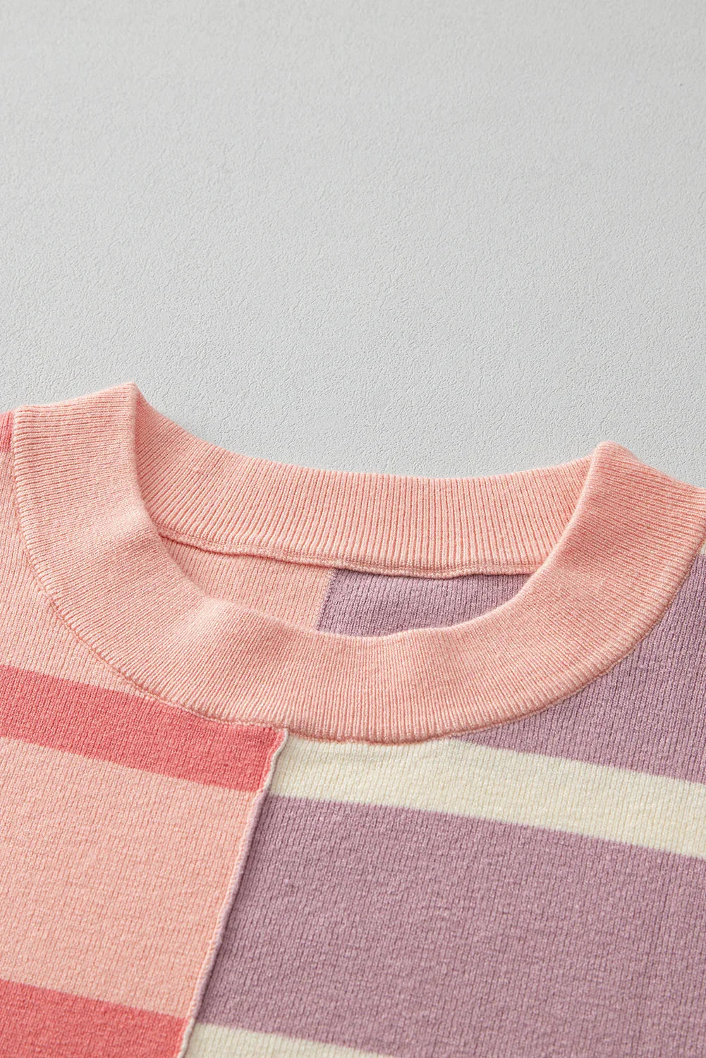 Striped Patchwork Drop Shoulder Pink Sweater