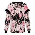 Plus Size Solid Floral Ruffled Shoulder Sweatshirt