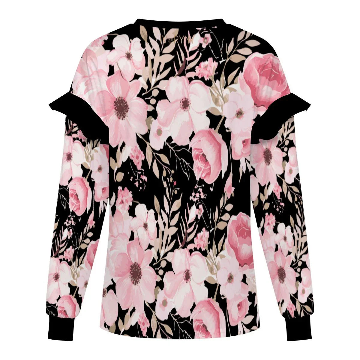 Plus Size Solid Floral Ruffled Shoulder Sweatshirt