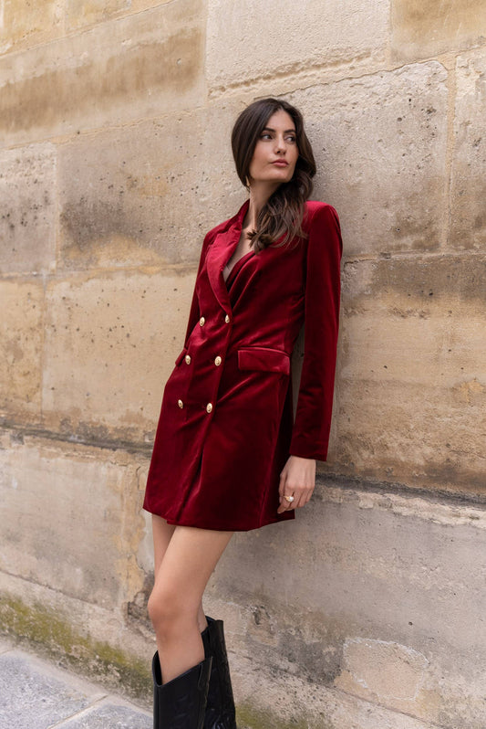 Luxurious Velvet Long-Sleeve Double-Breasted Dress Jacket with Gold Buttons V2020N