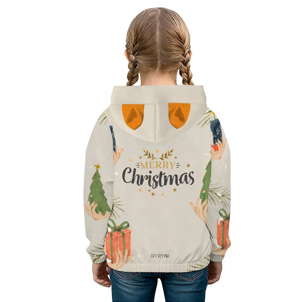 Merry Christmas Borg Girls Pastel Gray Sweatshirt With Ear