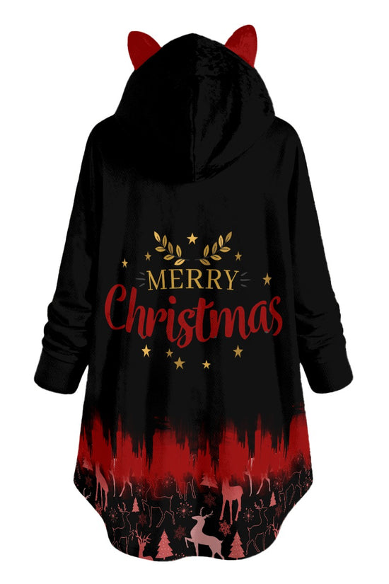 Merry Christmas black Flannel Hoodie with Cat Ears