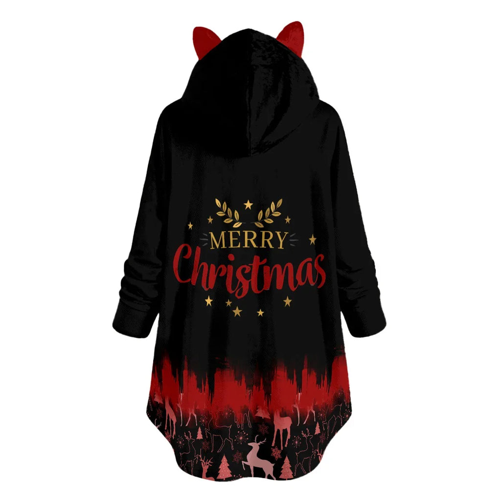 Merry Christmas black Flannel Hoodie with Cat Ears