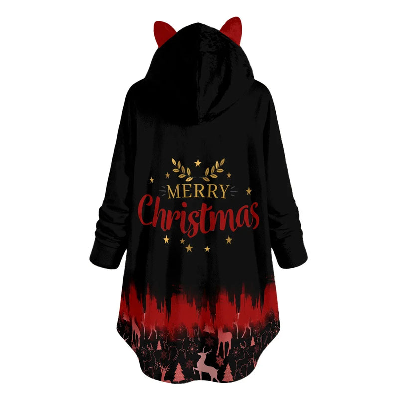 Merry Christmas black Flannel Hoodie with Cat Ears