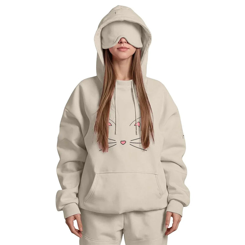 Travel Nap Soft Cream Hoodie with Built-in Eye Mask