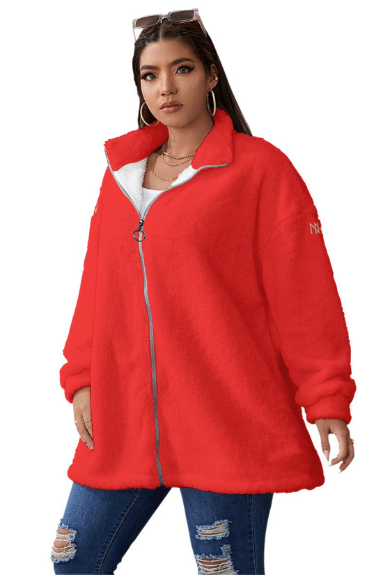 Borg Fleece Red Coat With Zipper Closure