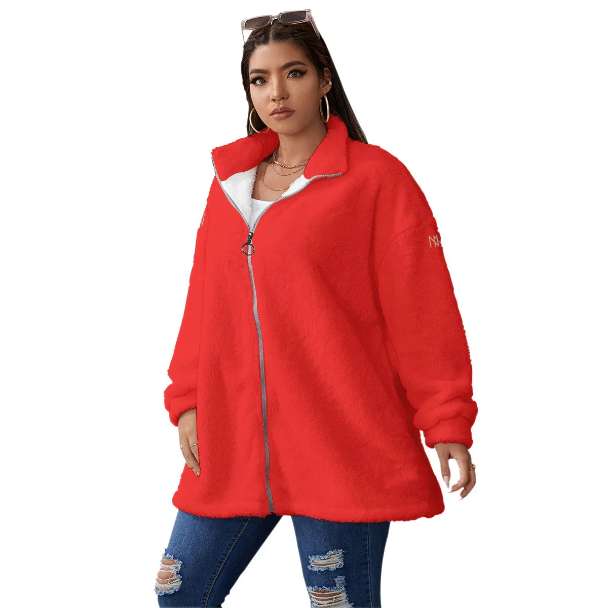 Borg Fleece Red Coat With Zipper Closure