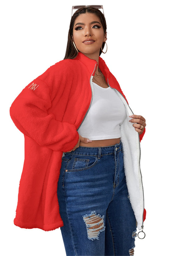 Borg Fleece Red Coat With Zipper Closure