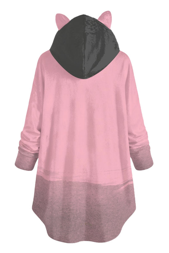 Merry Christmas Cherry Pink Flannel Hoodie with Cat Ears