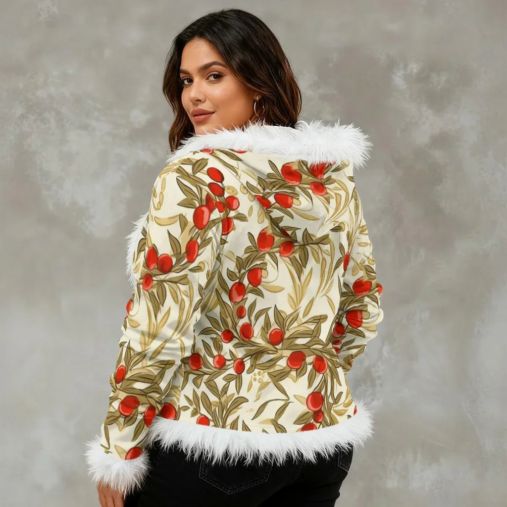 Cherries Faux Fur Trim Plus Size Velvet Hooded Jacket