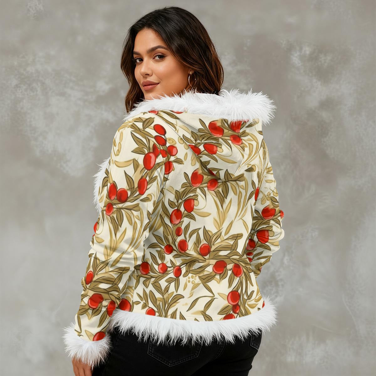 Cherries Faux Fur Trim Plus Size Velvet Hooded Jacket