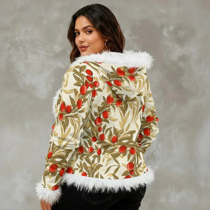 Cherries Faux Fur Trim Velvet Hooded Jacket