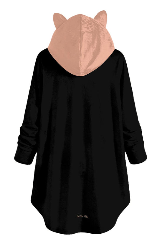 Black Nude Flannel Hoodie with Cat Ears