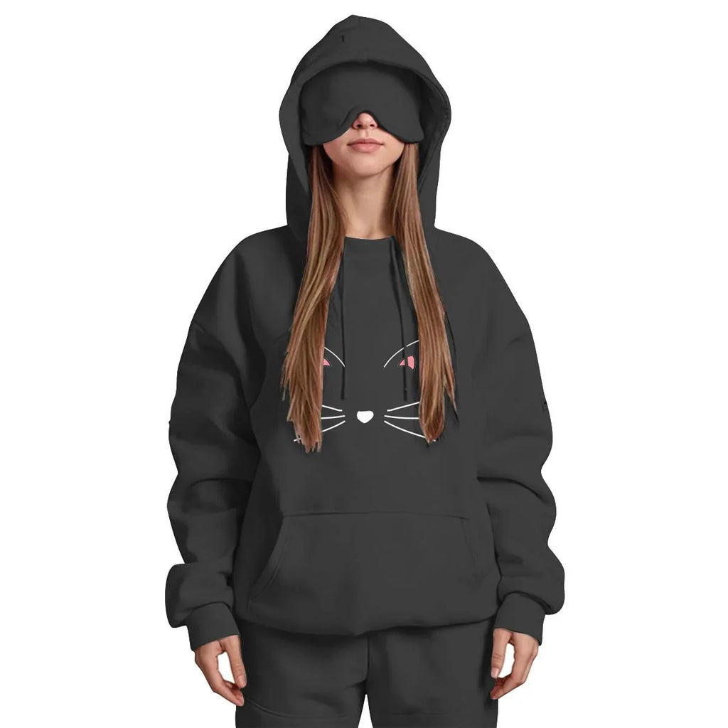 Travel Nap Balck Hoodie with Built-in Eye Mask