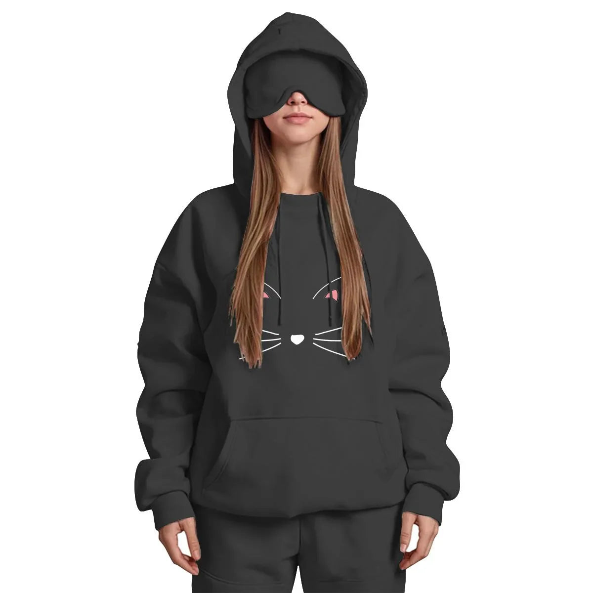 Travel Nap Balck Hoodie with Built-in Eye Mask