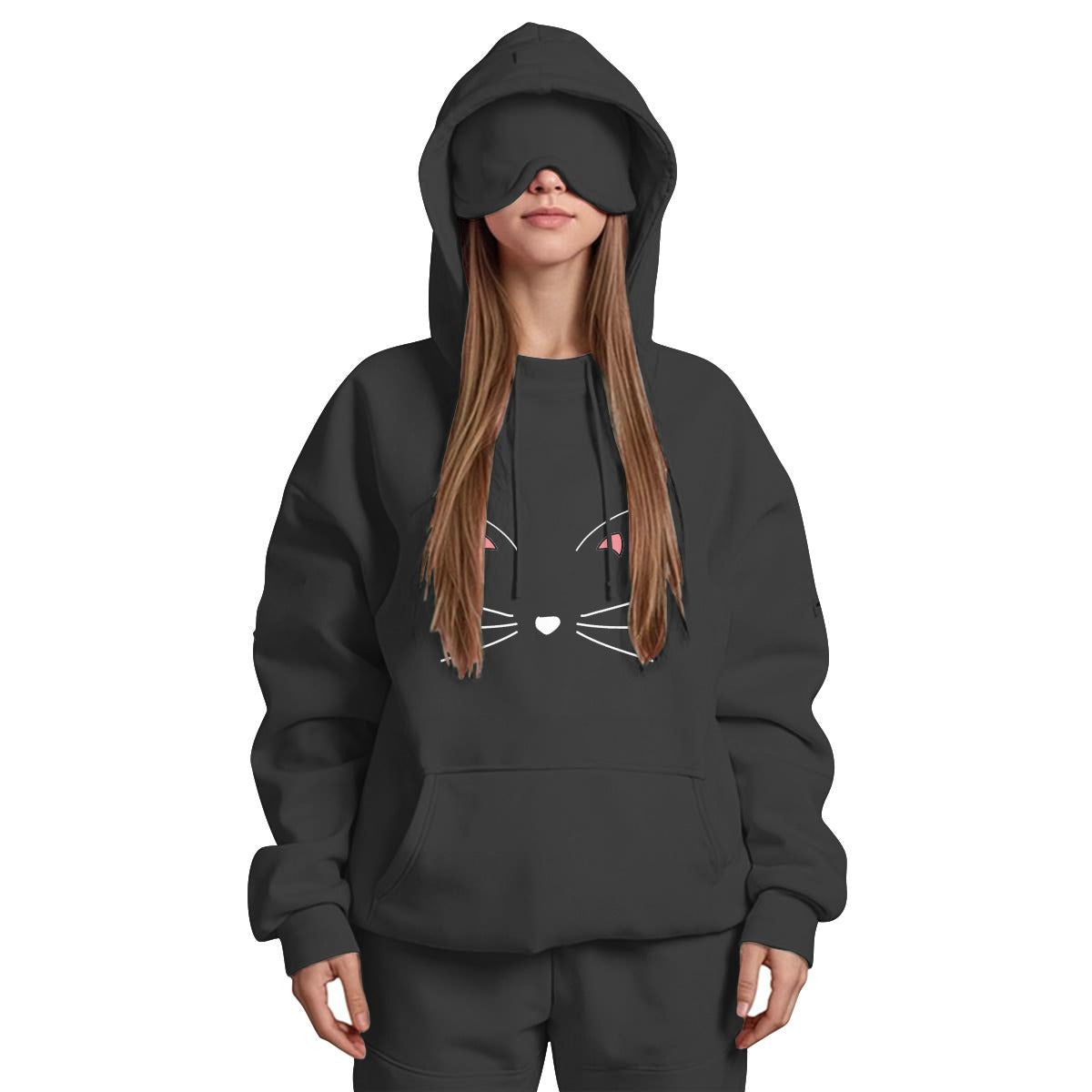 Travel Nap Balck Hoodie with Built-in Eye Mask