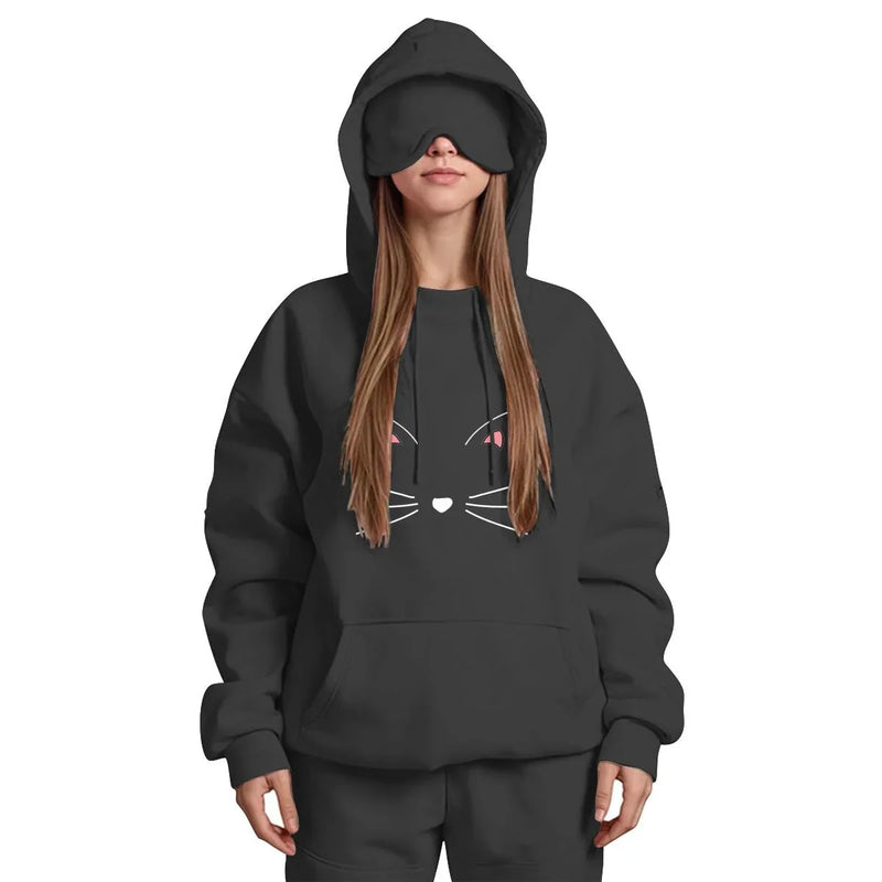Travel Nap Balck Hoodie with Built-in Eye Mask