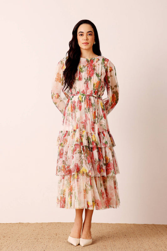 Elegant Cream Floral Midi Dress with Sheer Sleeves and Tie Belt for Women