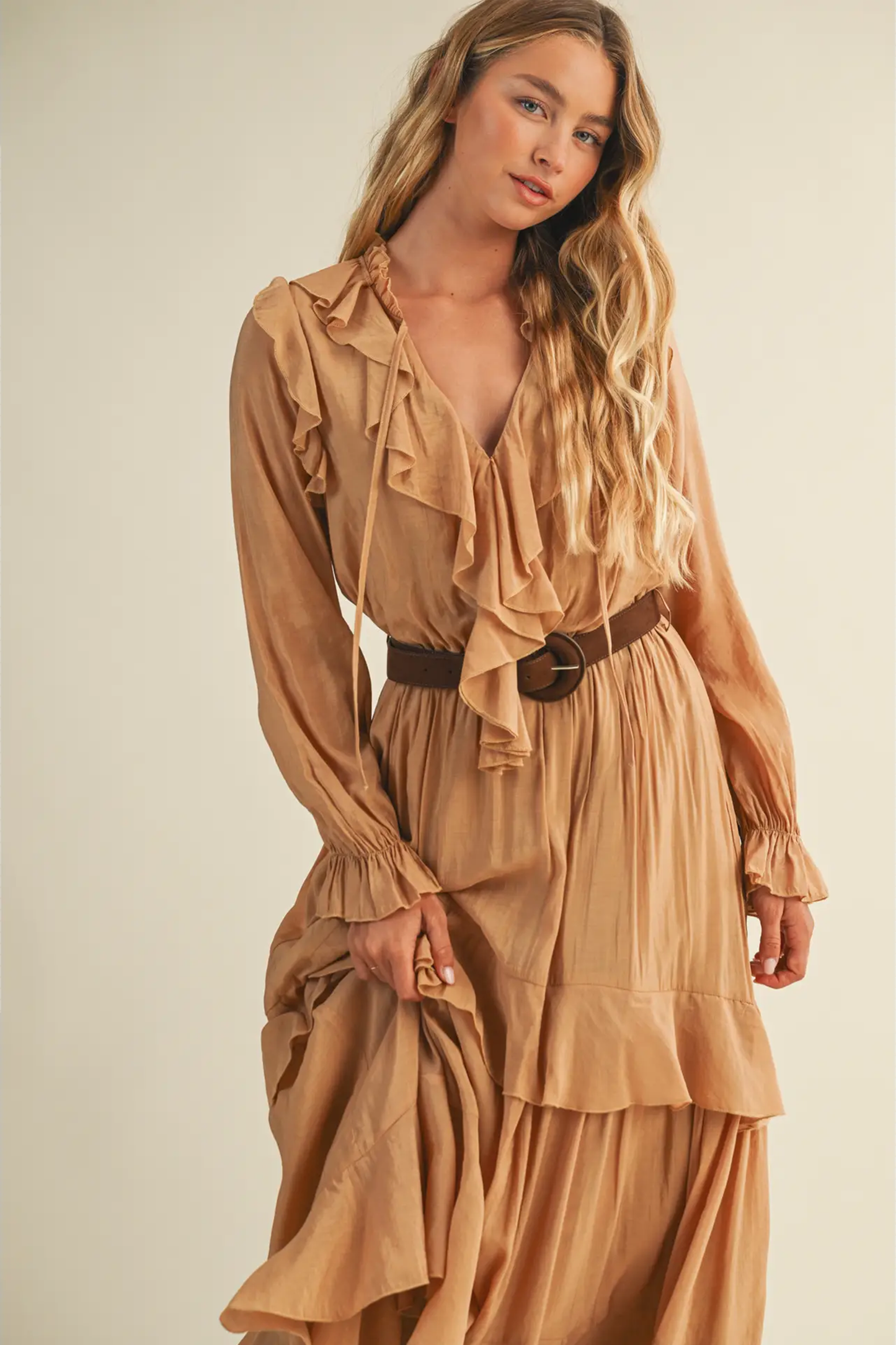 Luxury Belted Ruffled Long Desert Dress