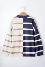 Striped Patchwork Drop Shoulder Blue Sweater