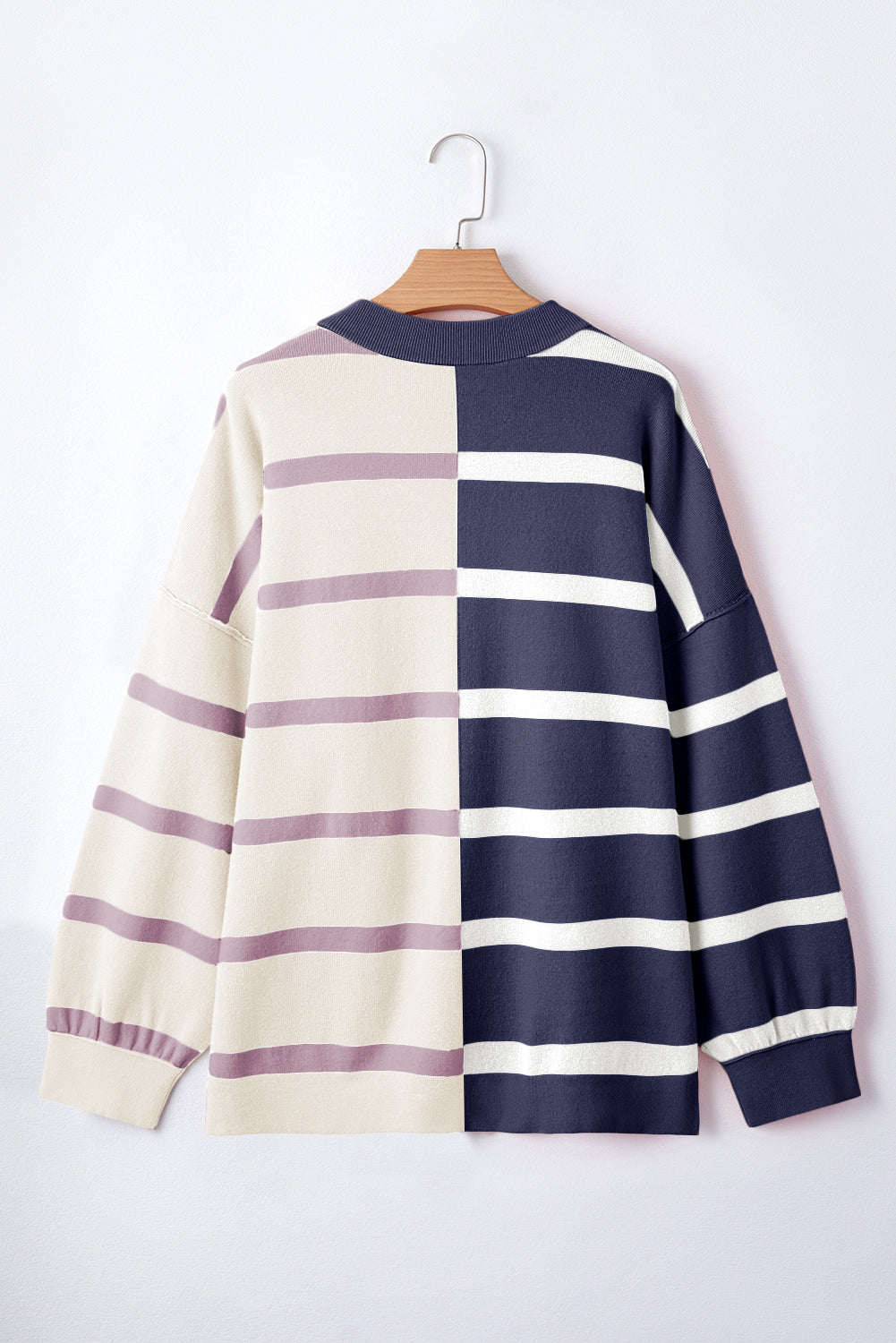 Striped Patchwork Drop Shoulder Blue Sweater