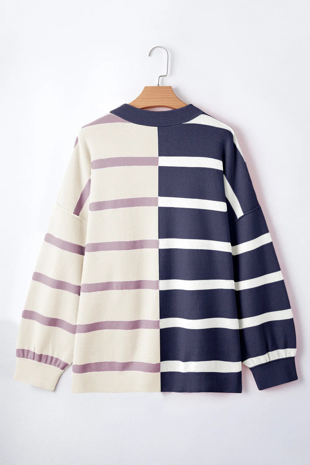 Striped Patchwork Drop Shoulder Blue Sweater