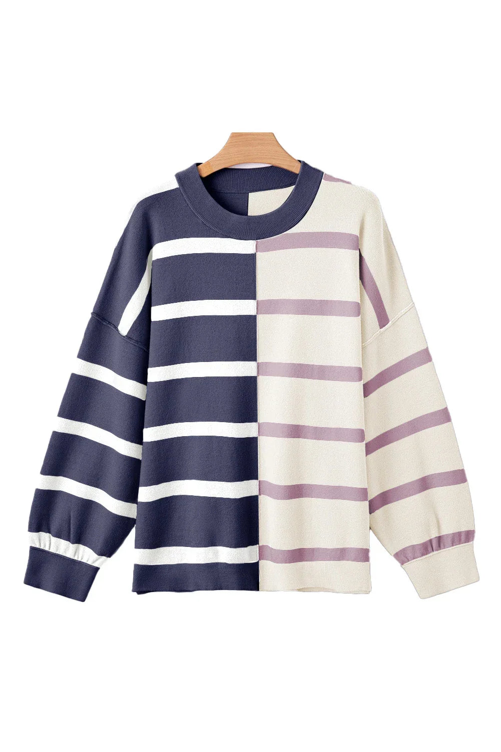 Striped Patchwork Drop Shoulder Blue Sweater
