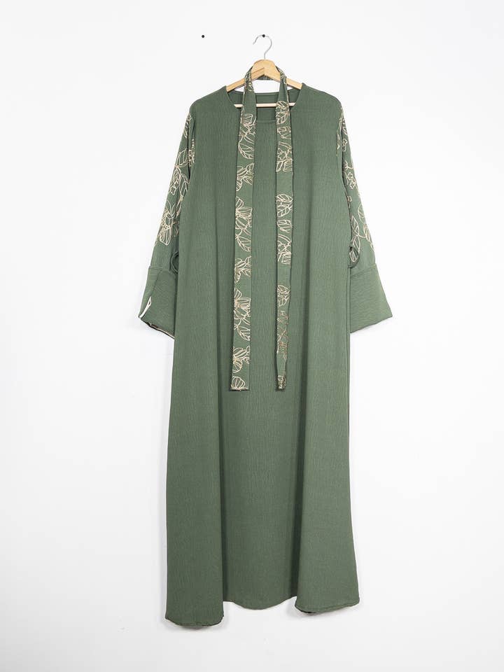 Elegant Floral Embroidered Abaya Dress with Matching Belt and Cream Lining