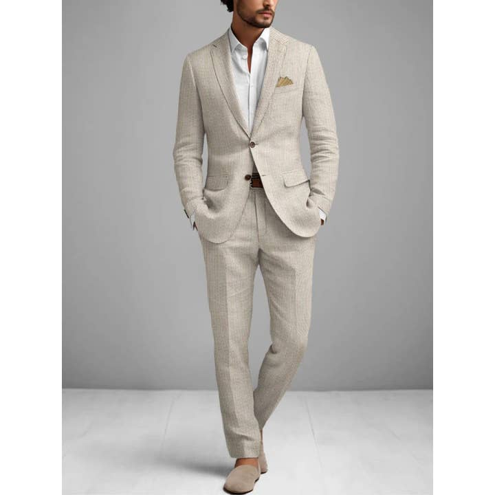 Ferrecci Men's Tan Slim Fit Two-Button Seersucker Suit Set for Formal Occasions