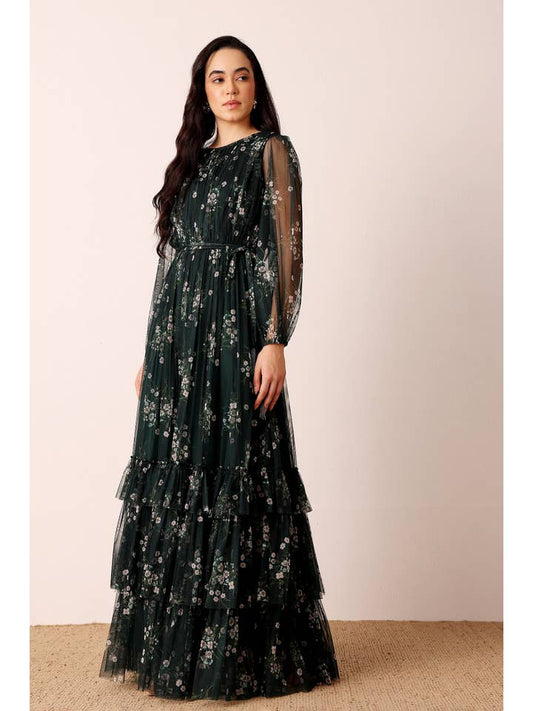 Elegant Emerald Floral Long Sleeve Maxi Dress | Pleated Tulle Gown for Special Occasions