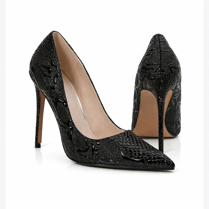 Embossed Snake Ultra High Heels Black Pumps