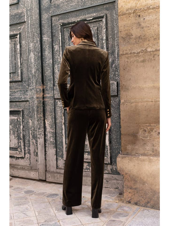 Elegant High-Waisted Straight-Cut Velvet Trousers with Side Pockets, Button Closure