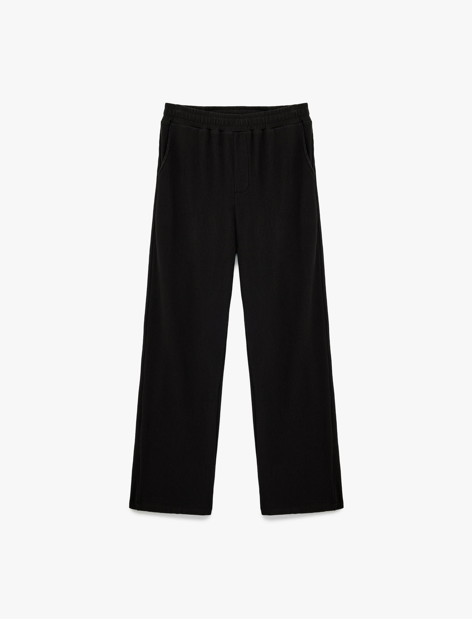 Black Cotton Ribbed Elastic Waist Sweatpants with Practical Pocket Detail