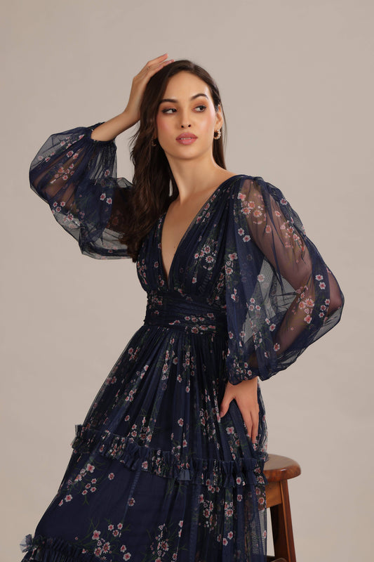 Lydia Elegant Navy Floral Tulle Maxi Dress with V-Neck and Cinched Waist