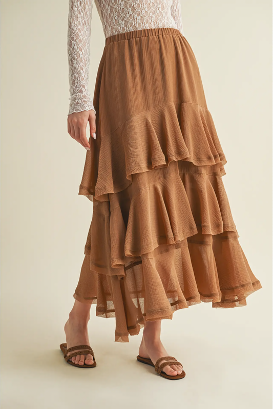 Pull On Ruffle Tiered Brown Skirt