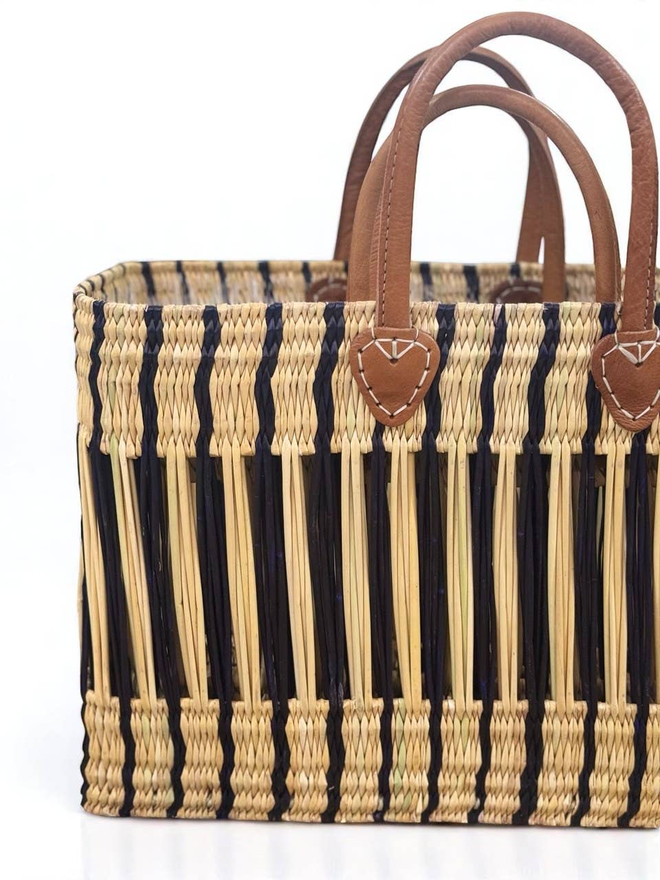Moroccan Handwoven Straw Tote Bag with Leather Handles - Eco-Friendly Striped Design