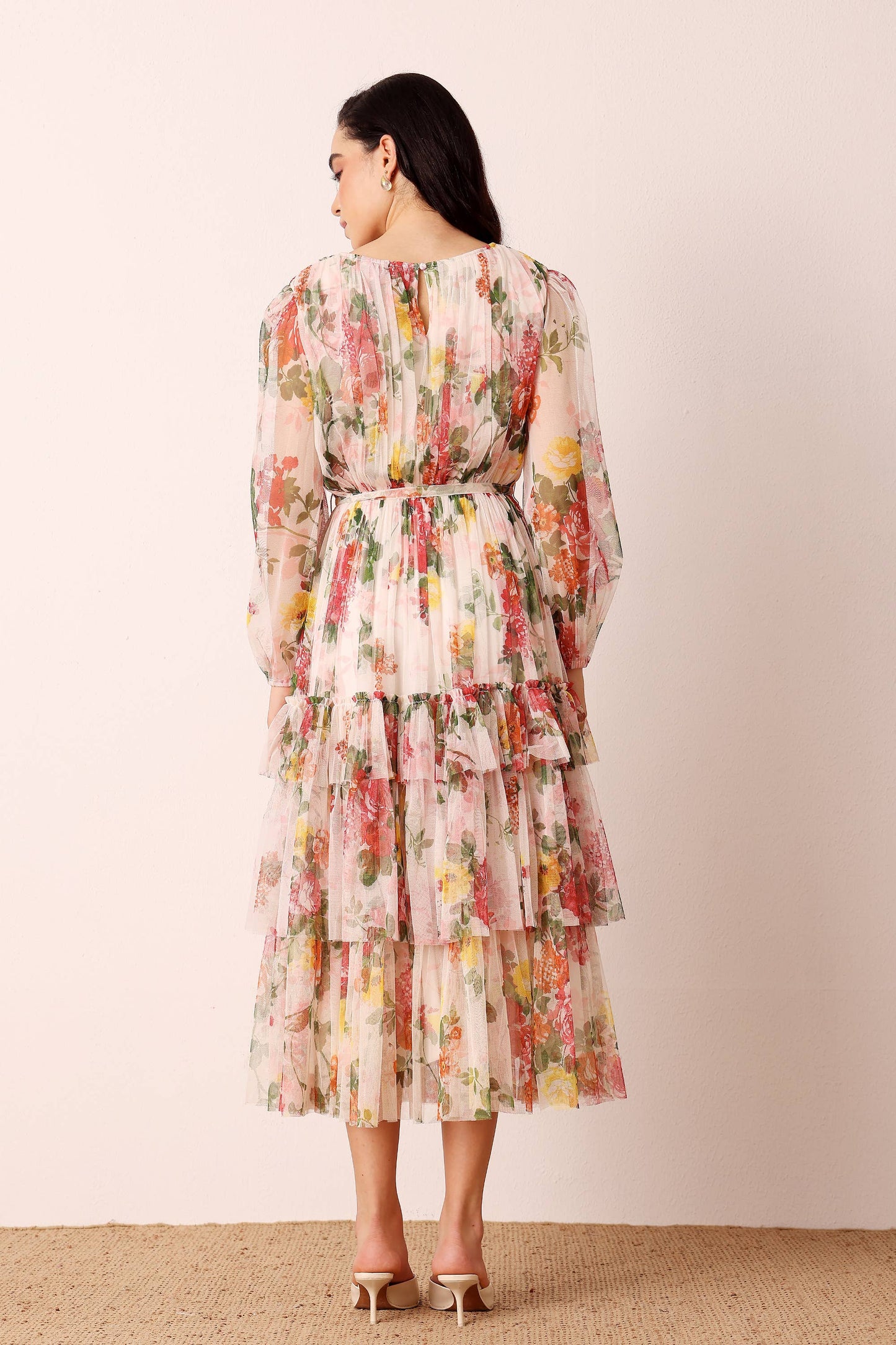 Elegant Cream Floral Midi Dress with Sheer Sleeves and Tie Belt for Women