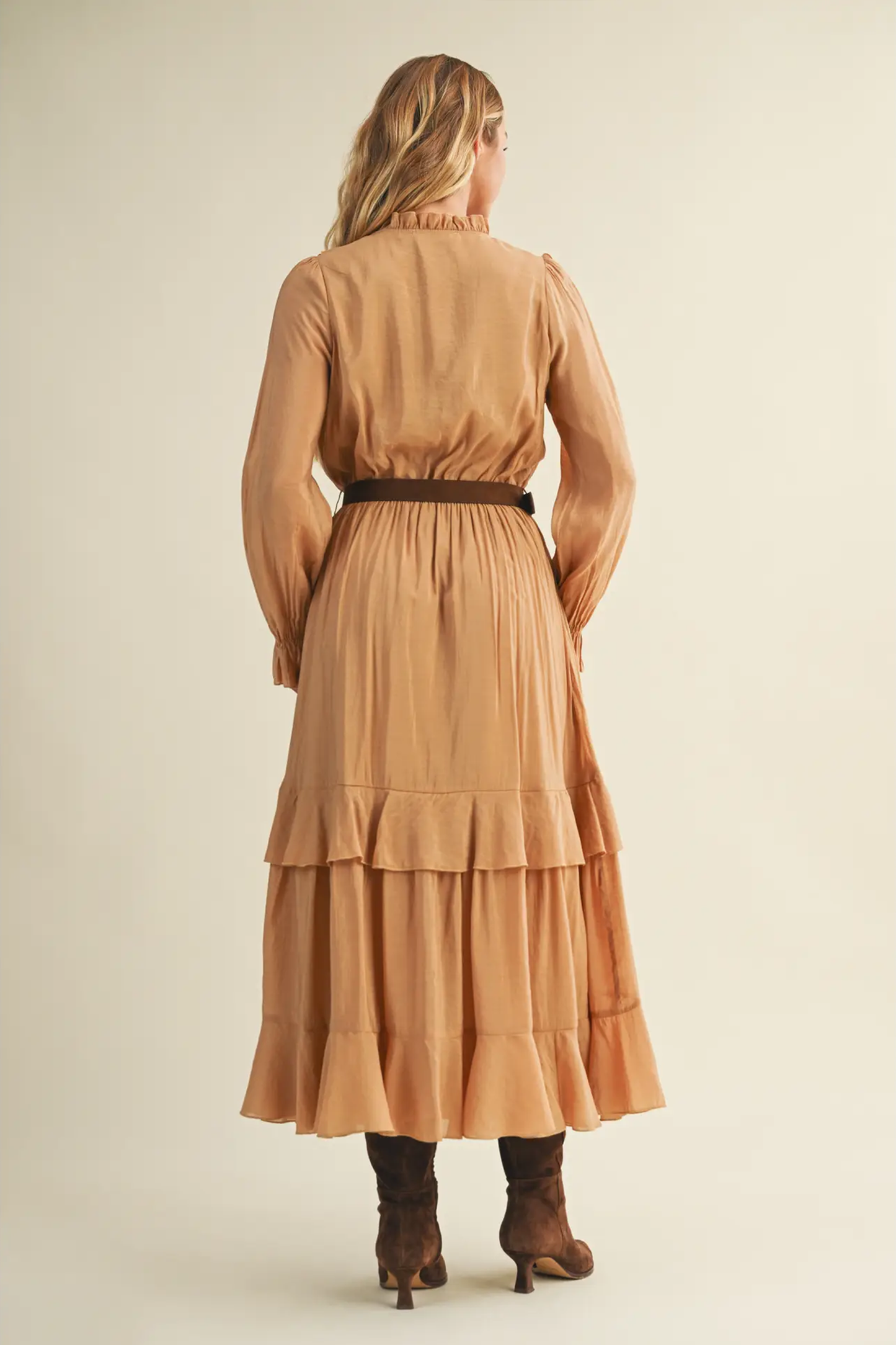 Luxury Belted Ruffled Long Desert Dress