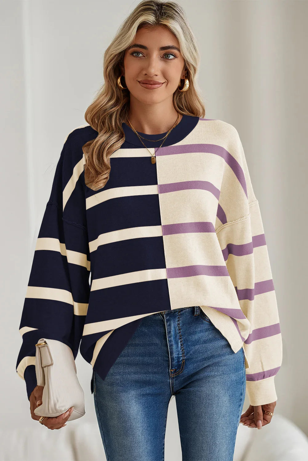 Striped Patchwork Drop Shoulder Blue Sweater