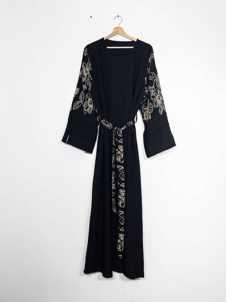 Elegant Floral Embroidered Abaya Dress with Matching Belt and Cream Lining