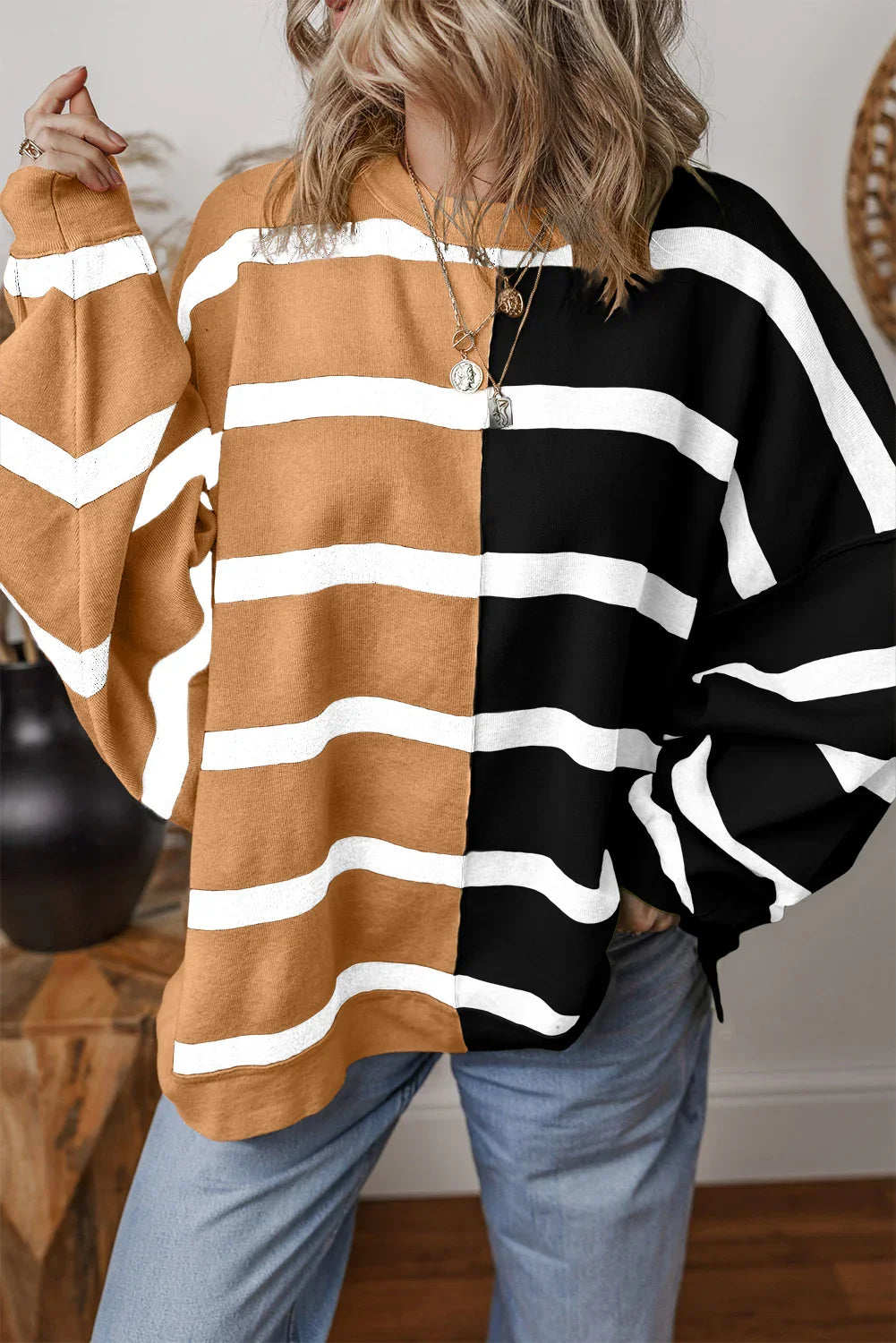 Striped Patchwork Drop Shoulder French Beige Sweater
