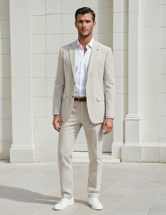 Slim Fit Two-Button Seersucker Tan Suit Set