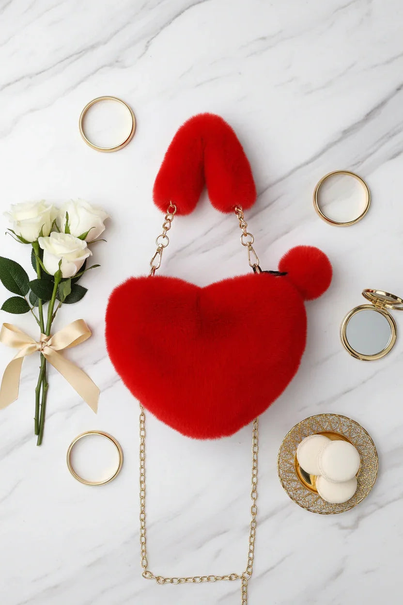 Korean Style Red Love Chain Fluff Bag